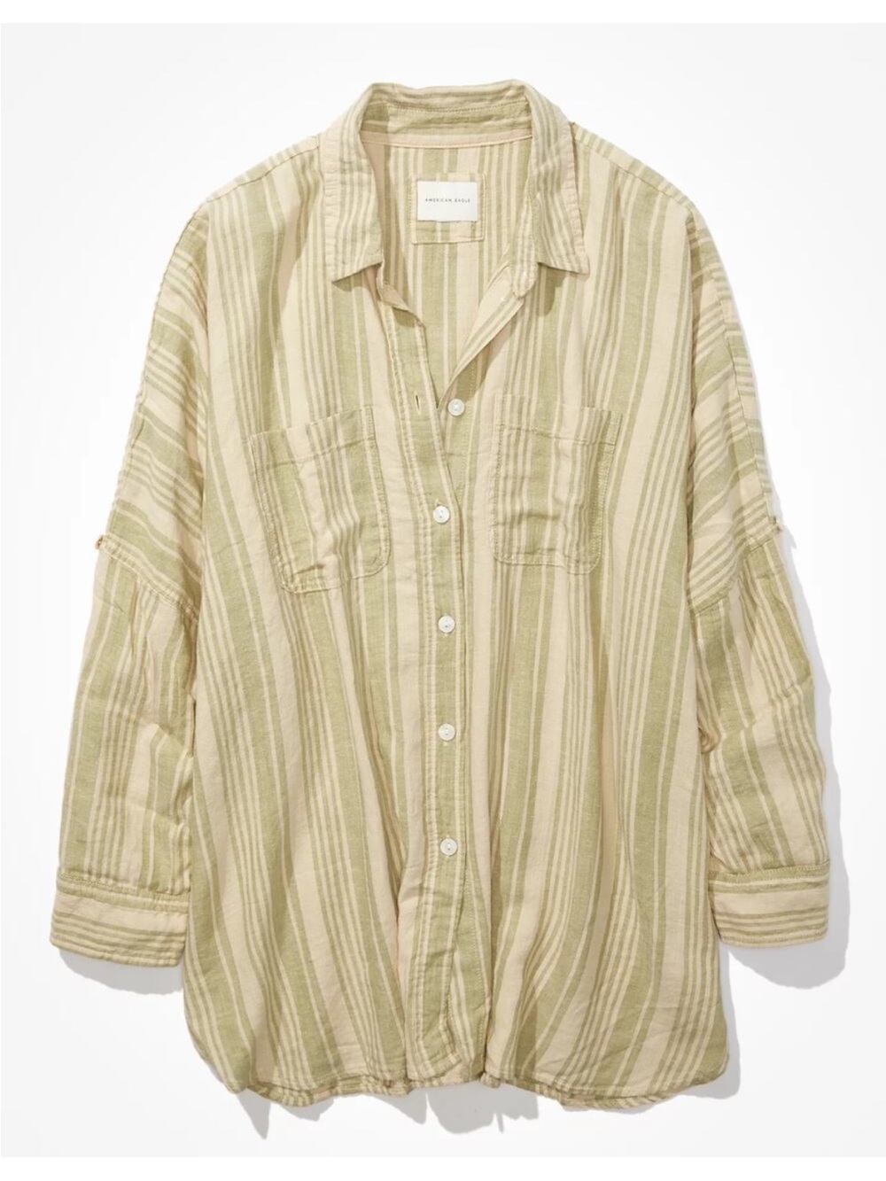 American Eagle Green and Cream Stripe Oversized Button Up Down Shirt Size S